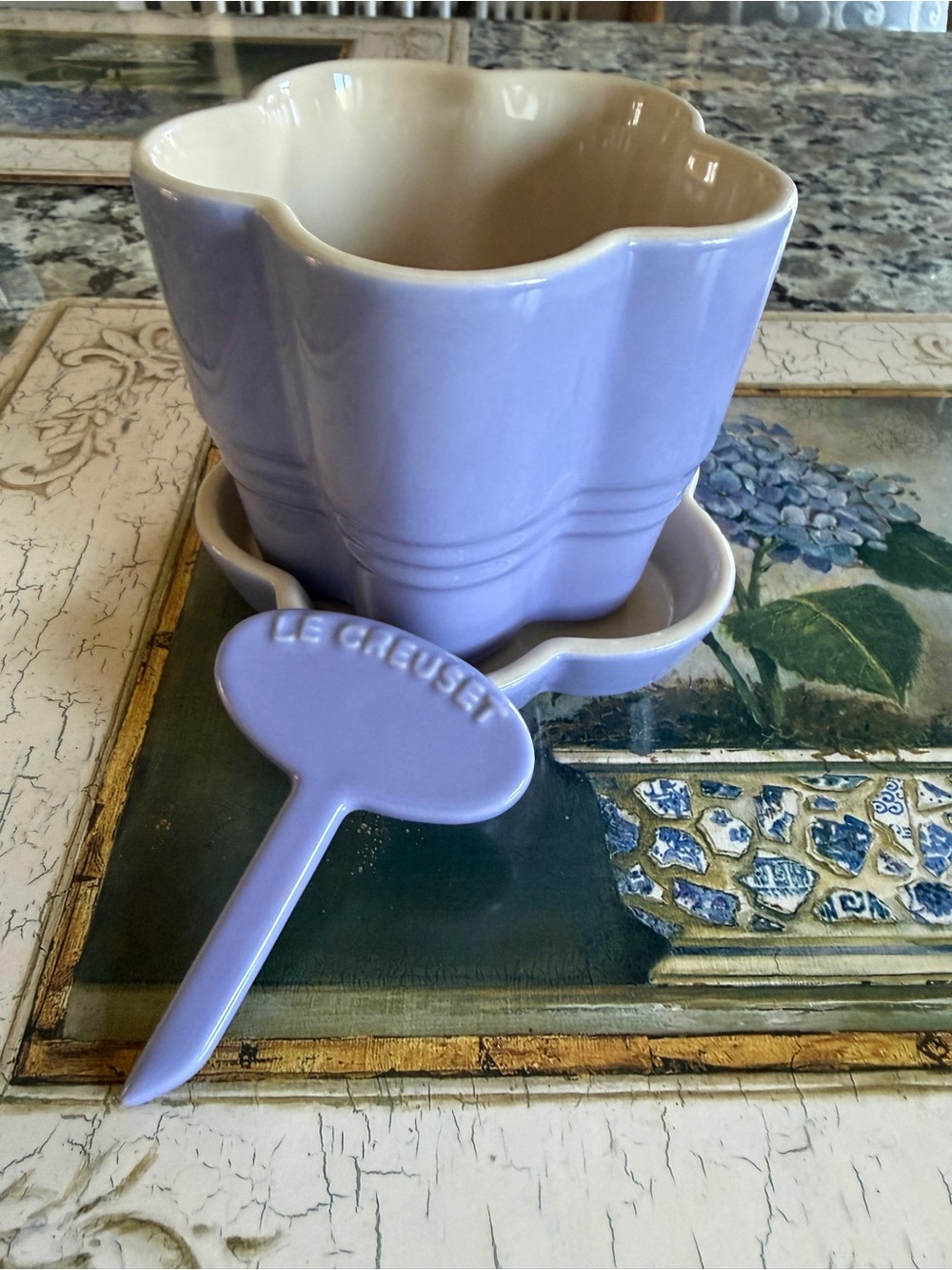Le Creuset Lilac Stoneware Flower Planter with Saucer and Plant Tag
